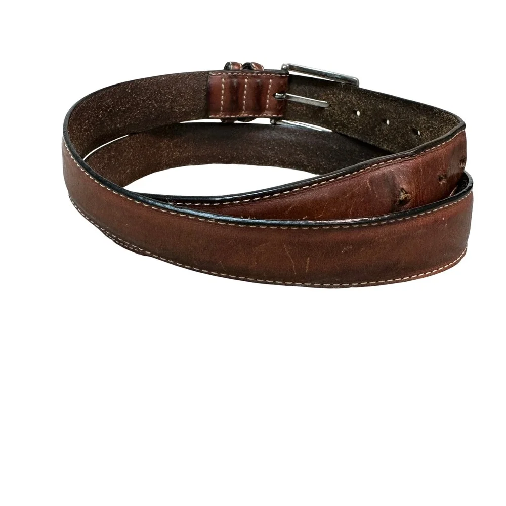 Mens Brown Leather Belt White Contrast Stitching Silver Buckle 48 Inch